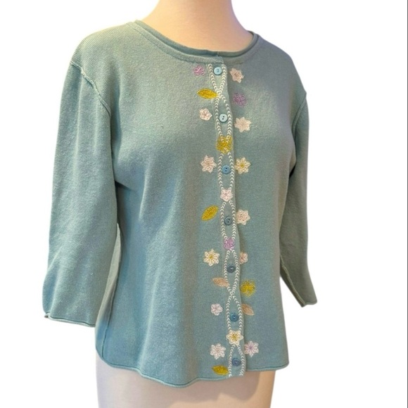 Woolrich Mint Green 3/4 Length Sleeves Floral Embroidered Button Up Medium - Picture 2 of 10